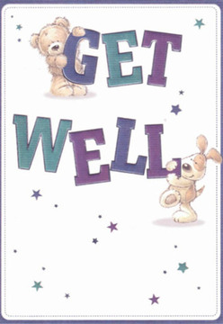 There's an instant sense of comfort and lightness in this delightful get well card, echoing the friendly spirit found throughout West Drayton. A cuddly, sand-coloured teddy perches tenderly atop the word 'GET,' gazing warmly out with hope, while a playful, soft-eared puppy supports the bold 'WELL' beneath, both figures crafted in cozy, rounded brushstrokes. The typography's inviting purples and teals call to mind the colourful bouquets often sent for recovery to homes near St Martin's Church or Yiewsley's central park. Gentle stars float across the pristine background, their blue and violet tones casting a subtle glow-like the quiet joy of receiving same-day delivery flowers locally. Every element of the illustration feels suffused with loving care: the bear's plush exterior, the puppy's expressive eyes, the leap of letters off the card. As with an expertly arranged bouquet from Florist West Drayton, the card is designed to lift spirits and convey genuine well wishes. The overall mood is clean, bright, and encouraging, the ideal gesture for sending love and support to a neighbour on the mend.